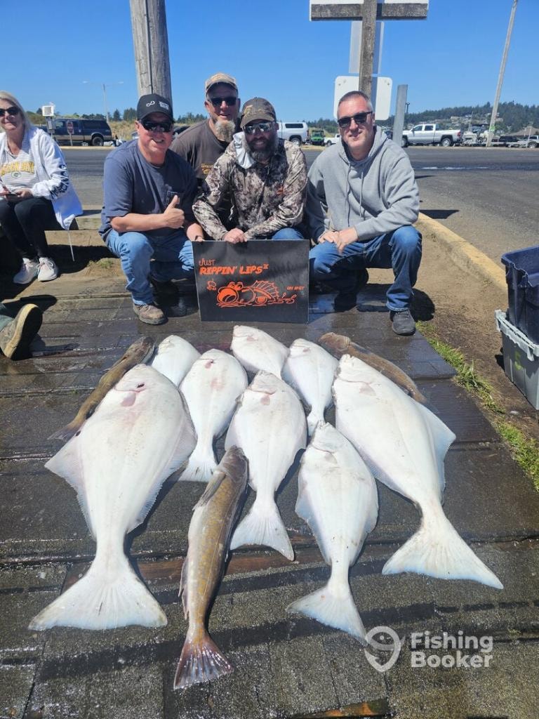 Group with large halibut catch on the Just Rippin Lips II